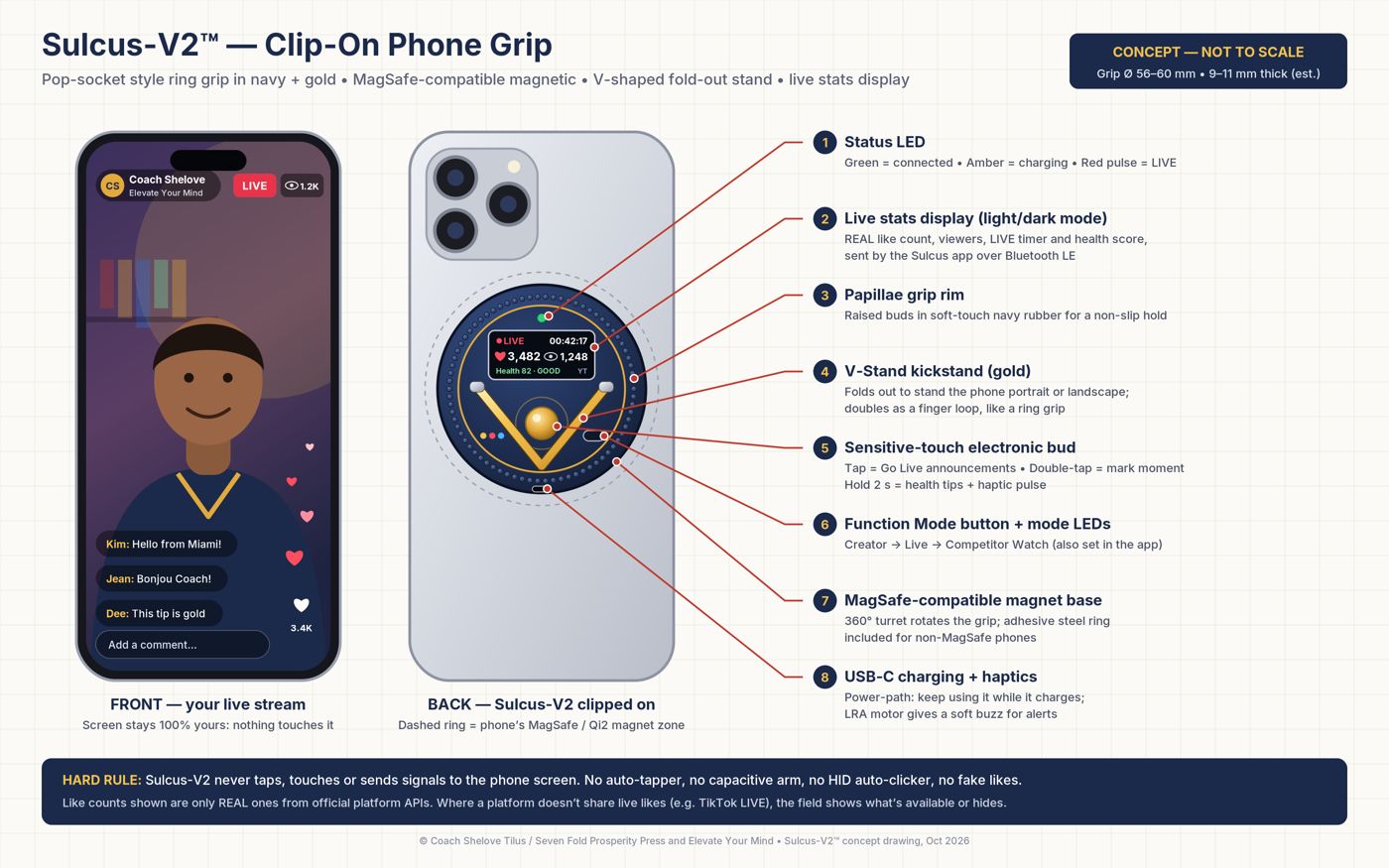 Concept drawing of the Sulcus V2 smart clip-on phone grip attached to a phone